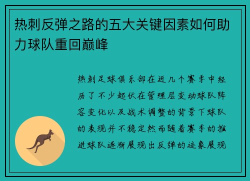 热刺反弹之路的五大关键因素如何助力球队重回巅峰 热刺反弹之路的五大关键因素如何助力球队重回巅峰