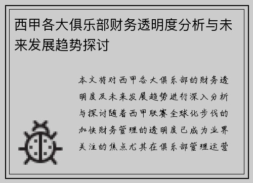 西甲各大俱乐部财务透明度分析与未来发展趋势探讨 西甲各大俱乐部财务透明度分析与未来发展趋势探讨